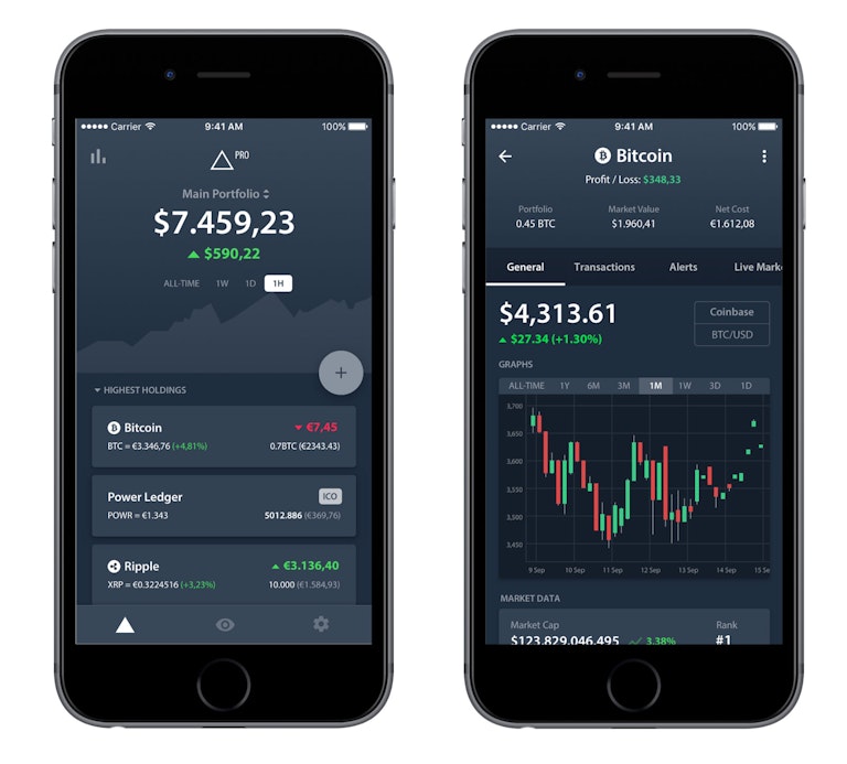 Two smartphones displaying cryptocurrency portfolio management apps. The left phone shows an overview with balance and top holdings, while the right phone displays detailed Bitcoin trading data with graphs.